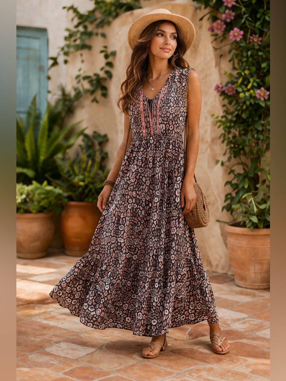 Garnet Hill Floral Maxi Sundress Size 4 Boho Tiered Ruffle V Neck Sleeveless